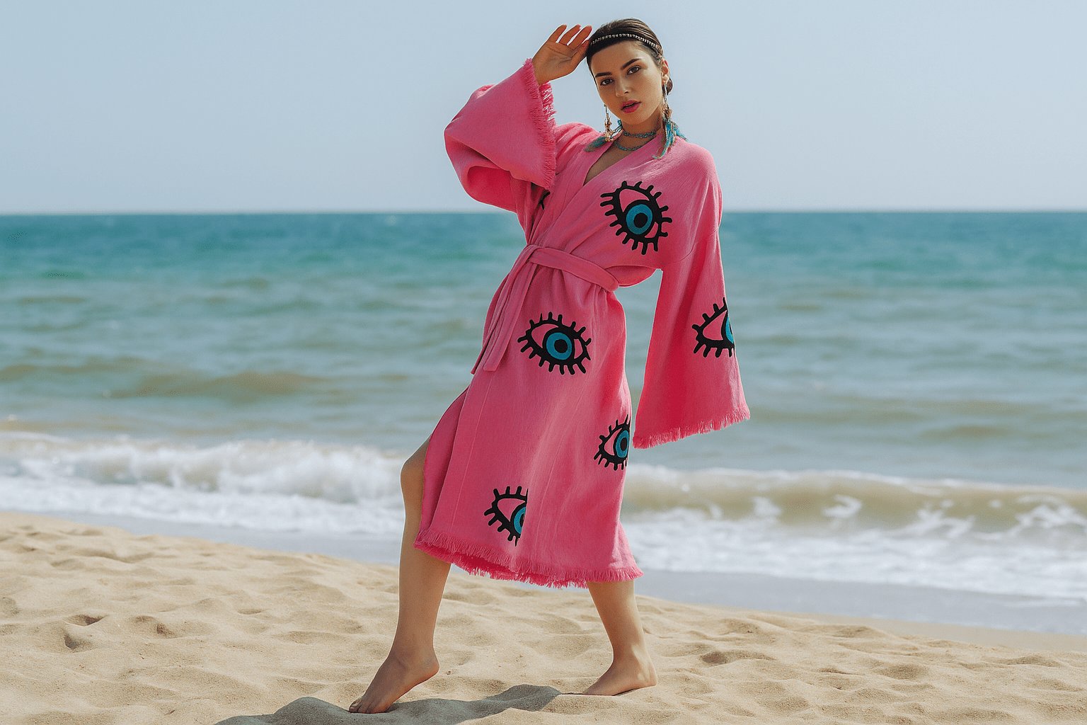 A breezy pink cotton bathrobe flowing in the sea breeze