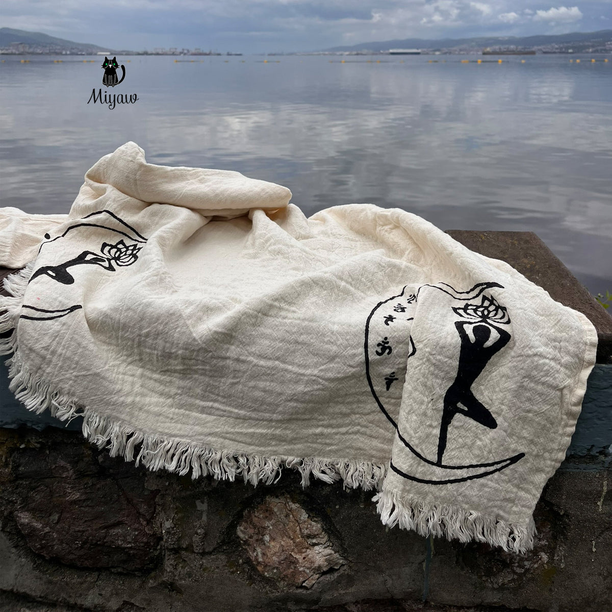 Hand-stamped Turkish cotton beach towel with fringe by MIYAW Fashion