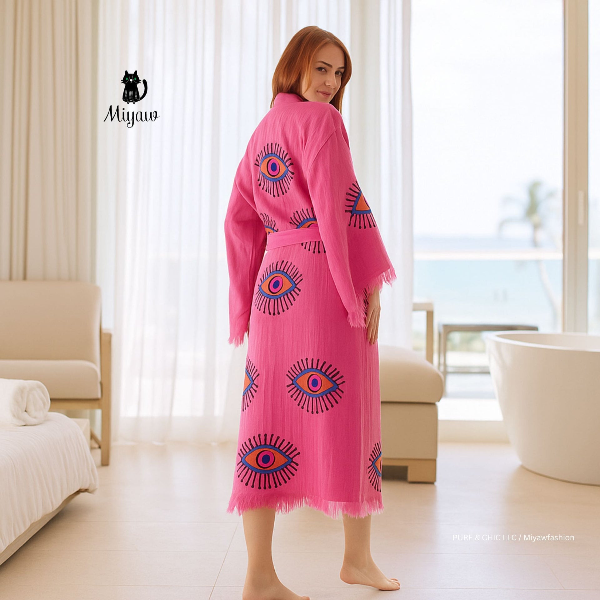 Pink Evil Eye Cotton Bathrobe – Boho Protective Kimono Robe