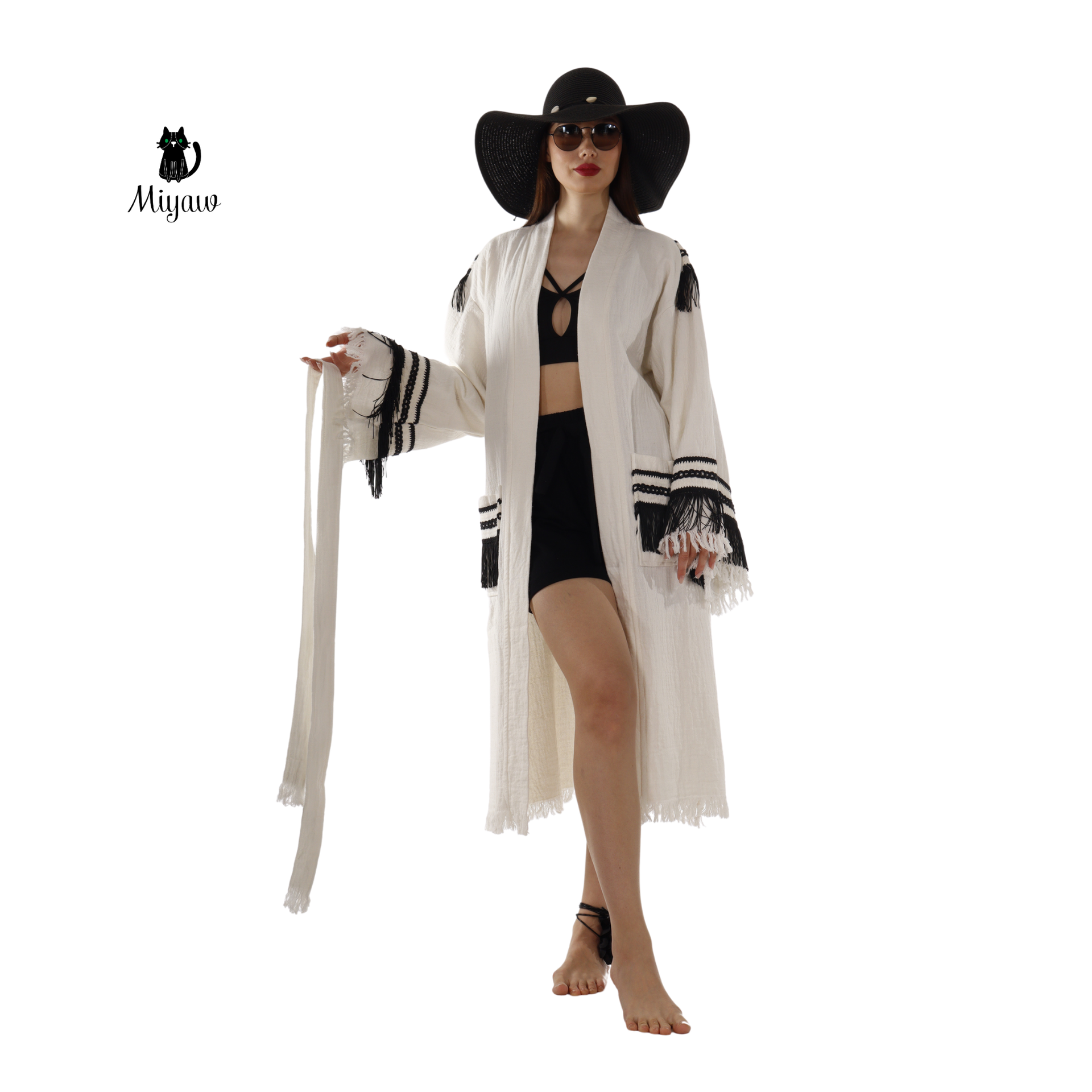 White Kimono Robe with Black Fringe – Boho Western Style