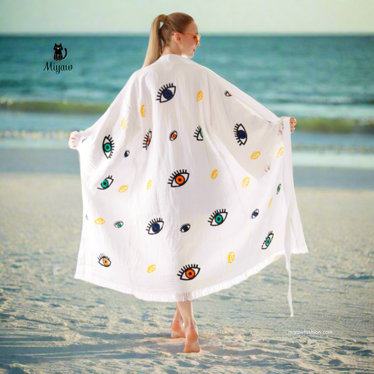 White Boho Evil Eye Kimono – Lightweight Cotton Summer Robe - Miyawfashion