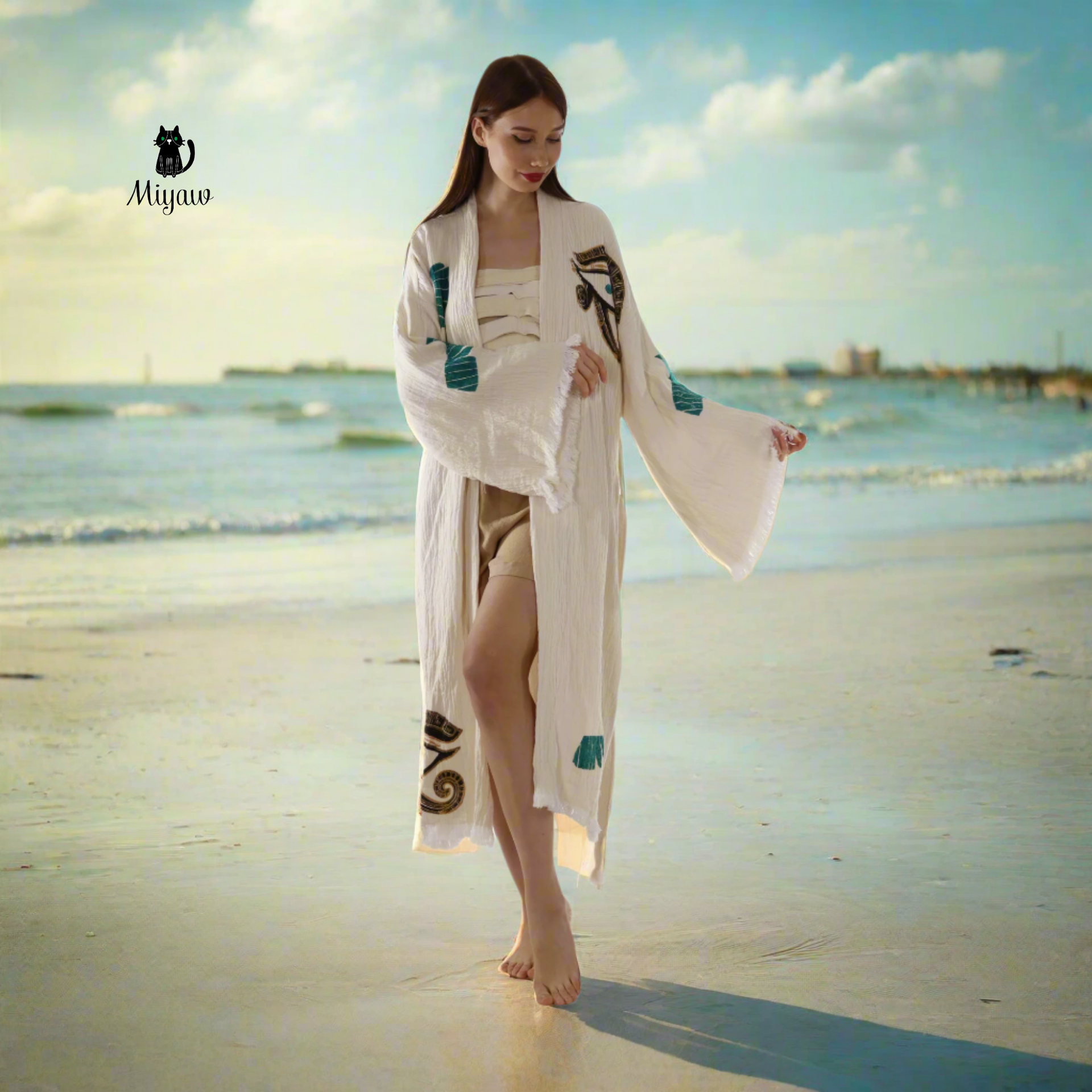 Boho Eye & Wing of Horus Kimono Robe – Organic Cotton
