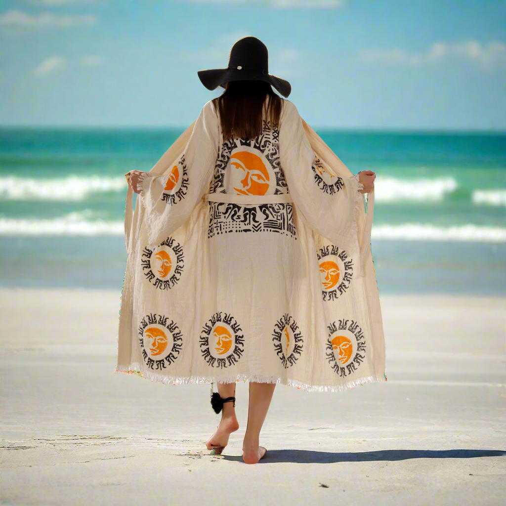 Boho Aztec Sun Kimono Robe – Organic Cotton Natural