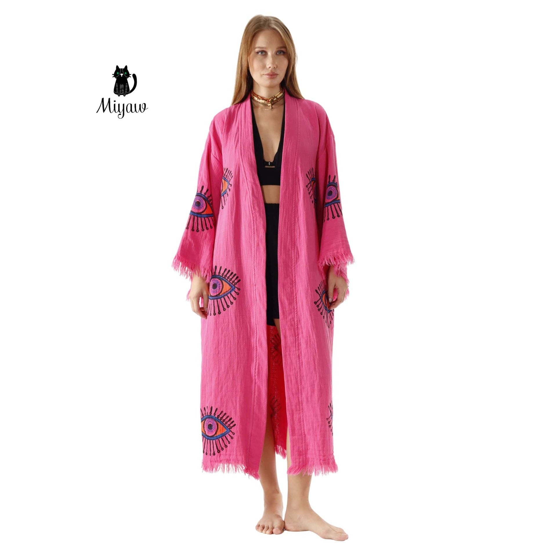 Pink Evil Eye Cotton Bathrobe – Boho Protective Kimono Robe