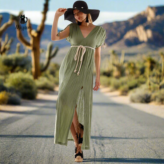Short Sleeve Boho V Neck Dress, Bohemian Cotton Dress for Wholesale