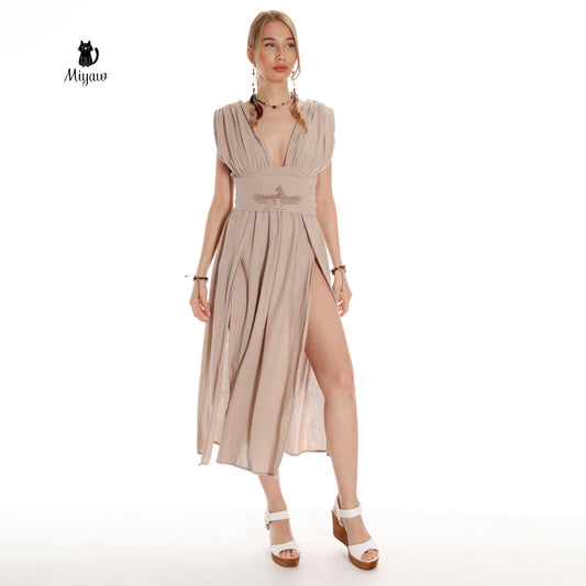 Boho Cotton Goddess Dress: Short Sleeve Resort Wear - Ethereal and Elegant - Miyawfashion