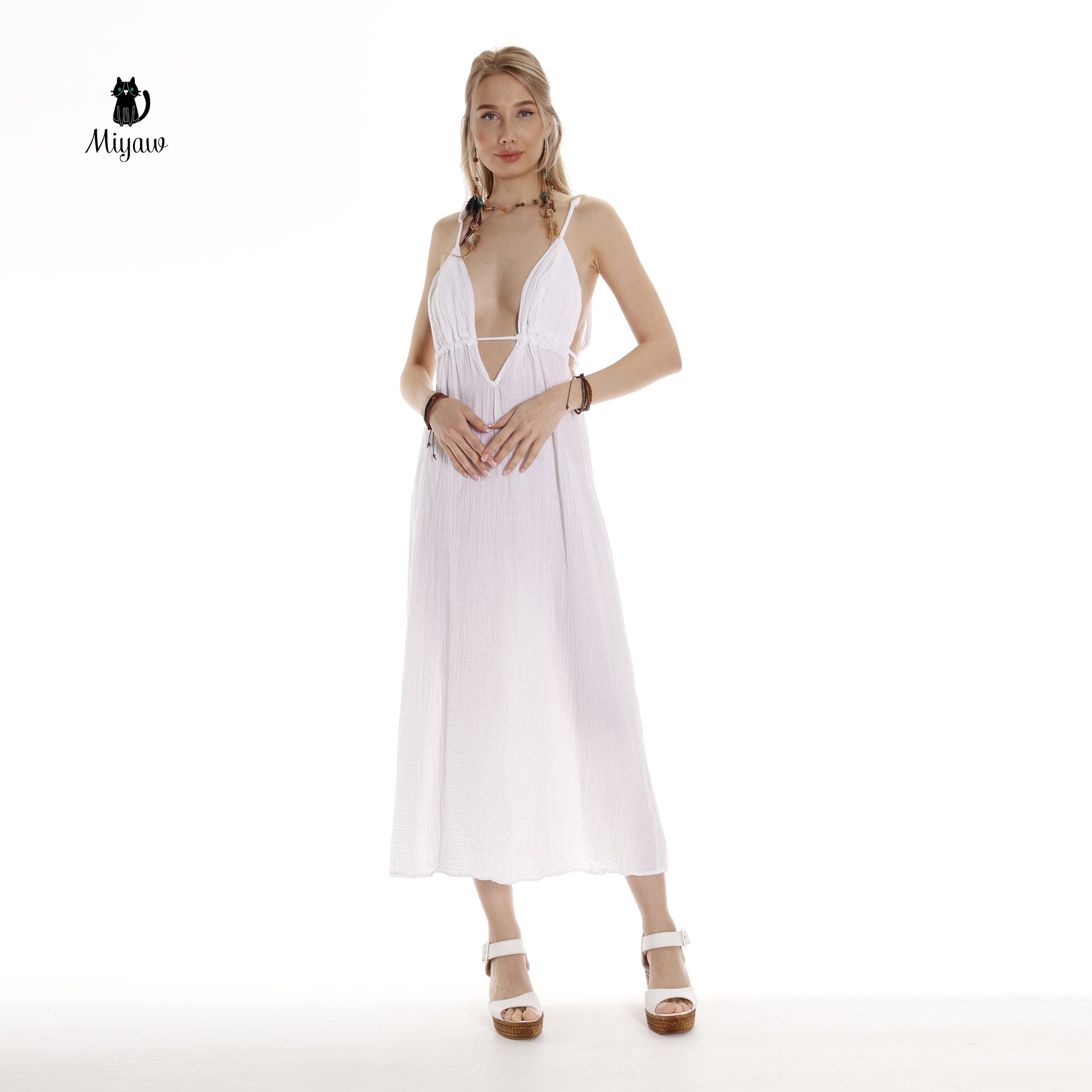 Organic Cotton Boho White Sleeveless Dress - Eco-Friendly Fashion