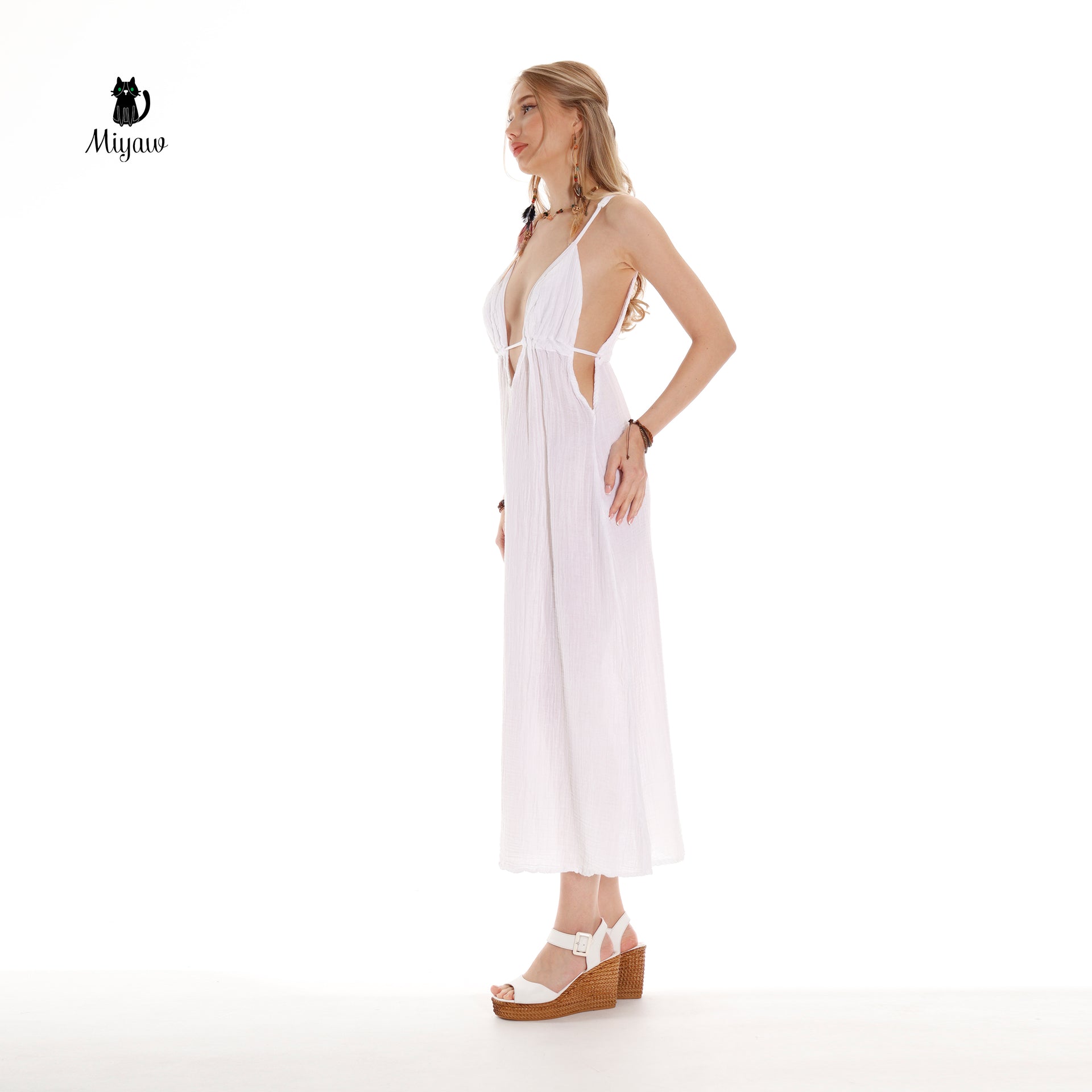 Organic Cotton Boho White Sleeveless Dress - Eco-Friendly Fashion