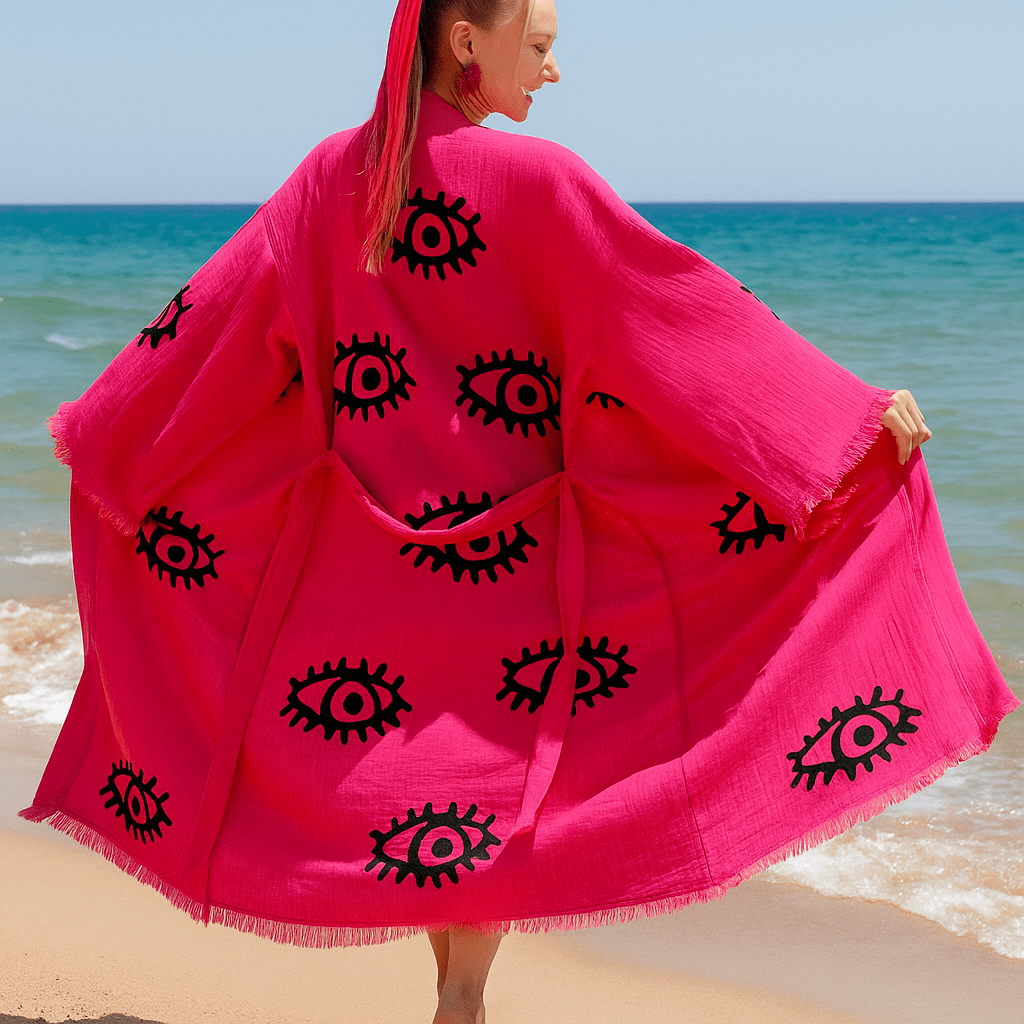 Evil Eye Pink Swim Caftan Cover Up – Organic Cotton
