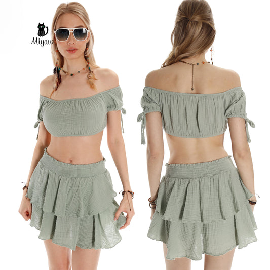 Handmade Organic Cotton Mini Skirt and Crop Top Set for Stylish Resort Looks - Miyawfashion