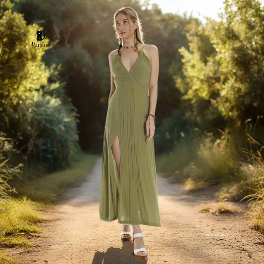 Boho Maxi Dress for Summer in V-Neck Sleeveless Style - Organic Cotton