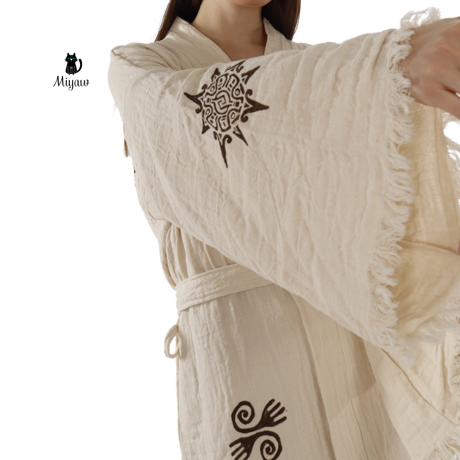 Organic Cotton Aztec Kimono Robe – Boho Beige Cover-Up