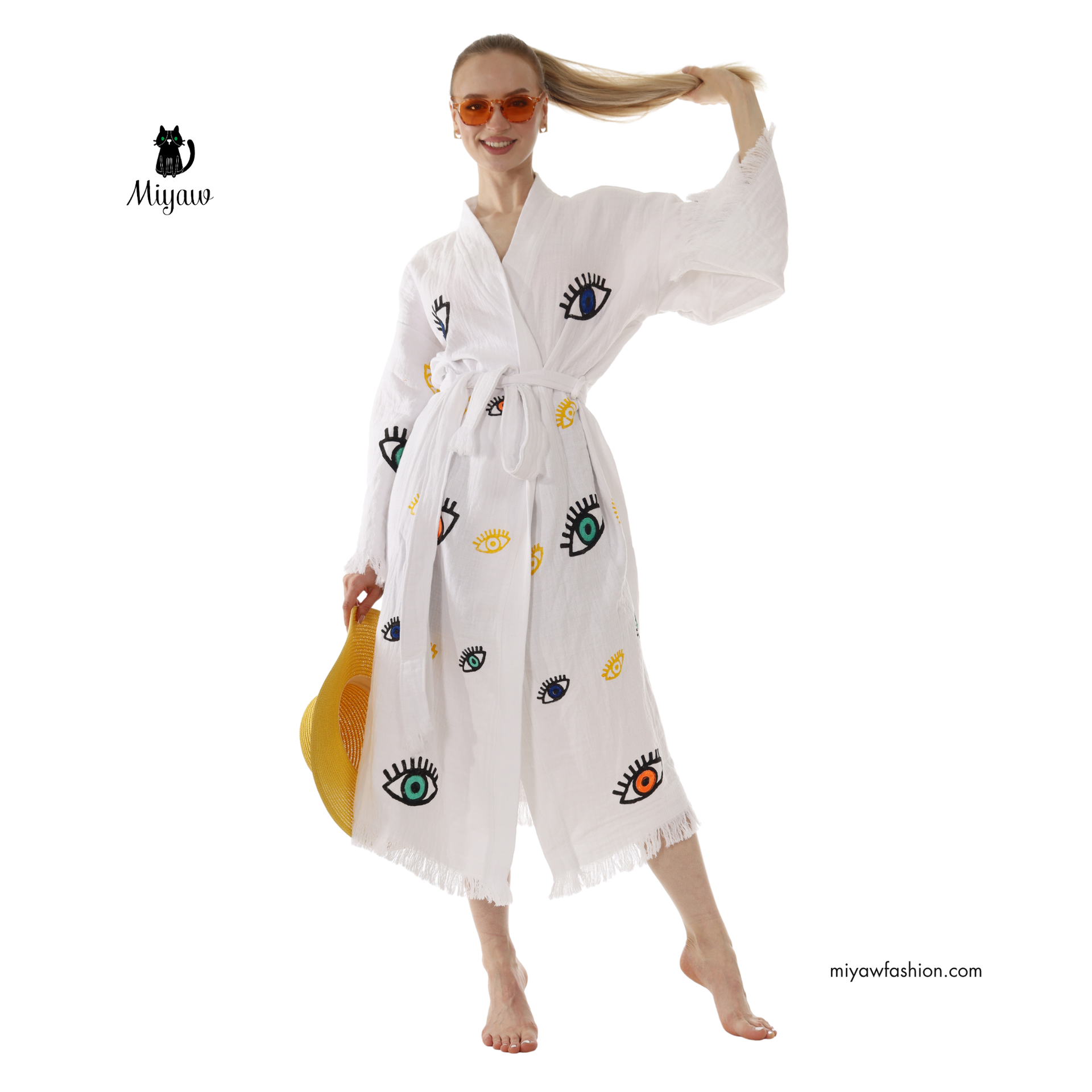 White Boho Evil Eye Kimono – Lightweight Cotton Summer Robe