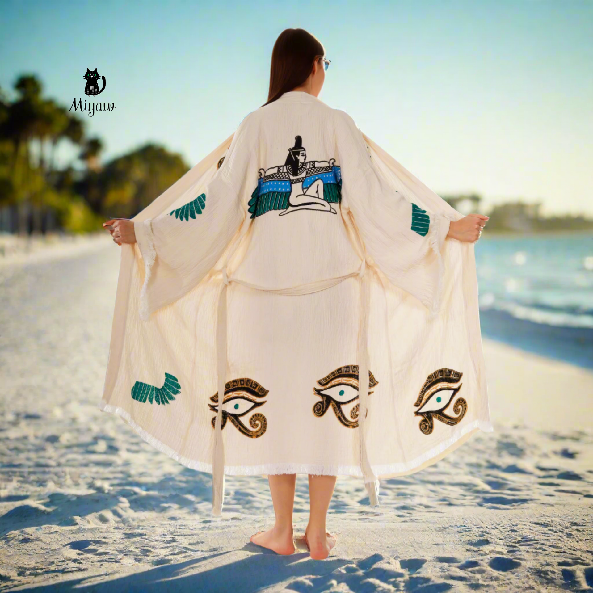 Boho Eye & Wing of Horus Kimono Robe – Organic Cotton