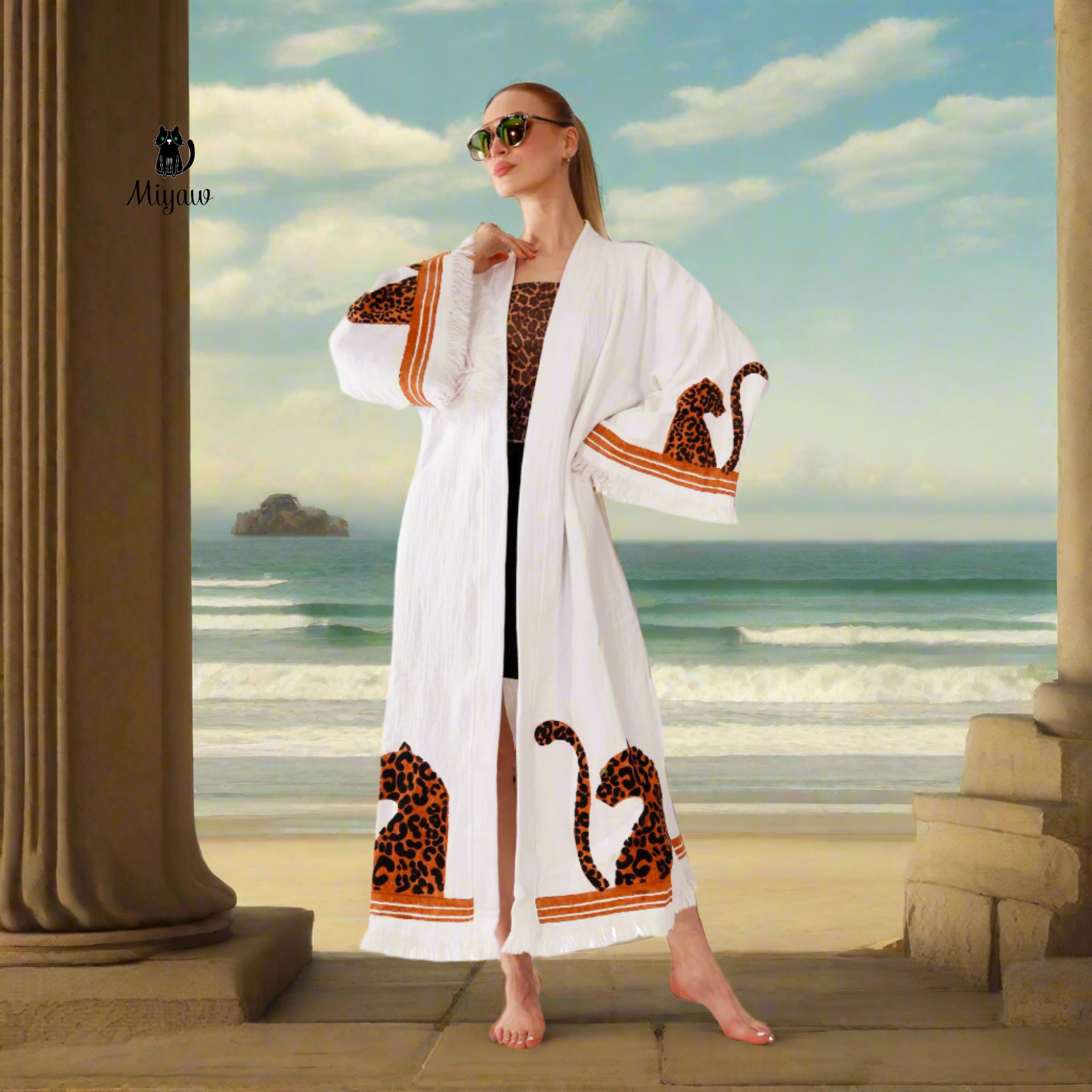 White Boho Leopard Kimono Robe – Organic Cotton Beachwear