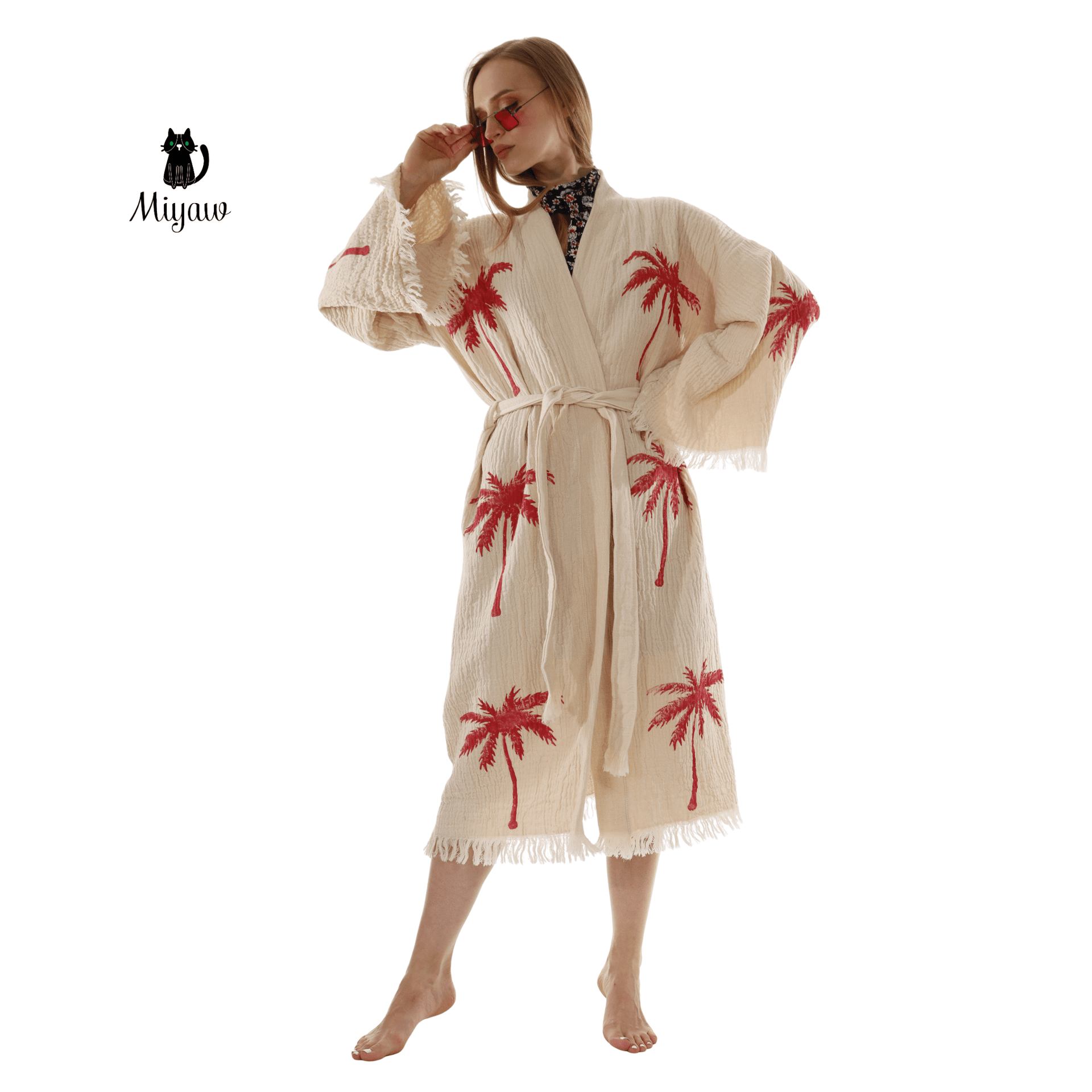 Red Palm Tree Kimonos – Soft Cotton Kimono Robe for Effortless Style