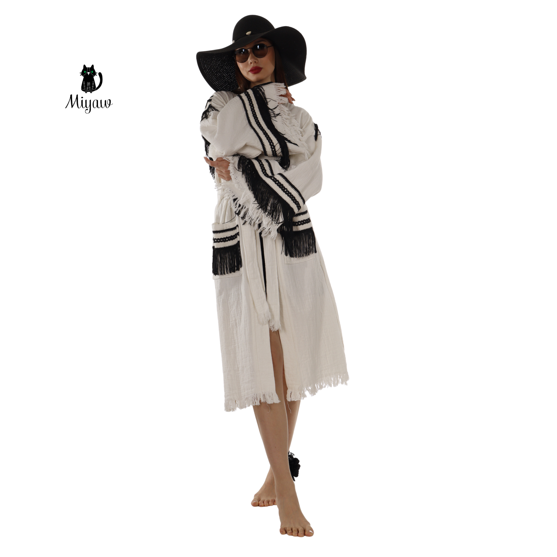 White Kimono Robe with Black Fringe – Boho Western Style