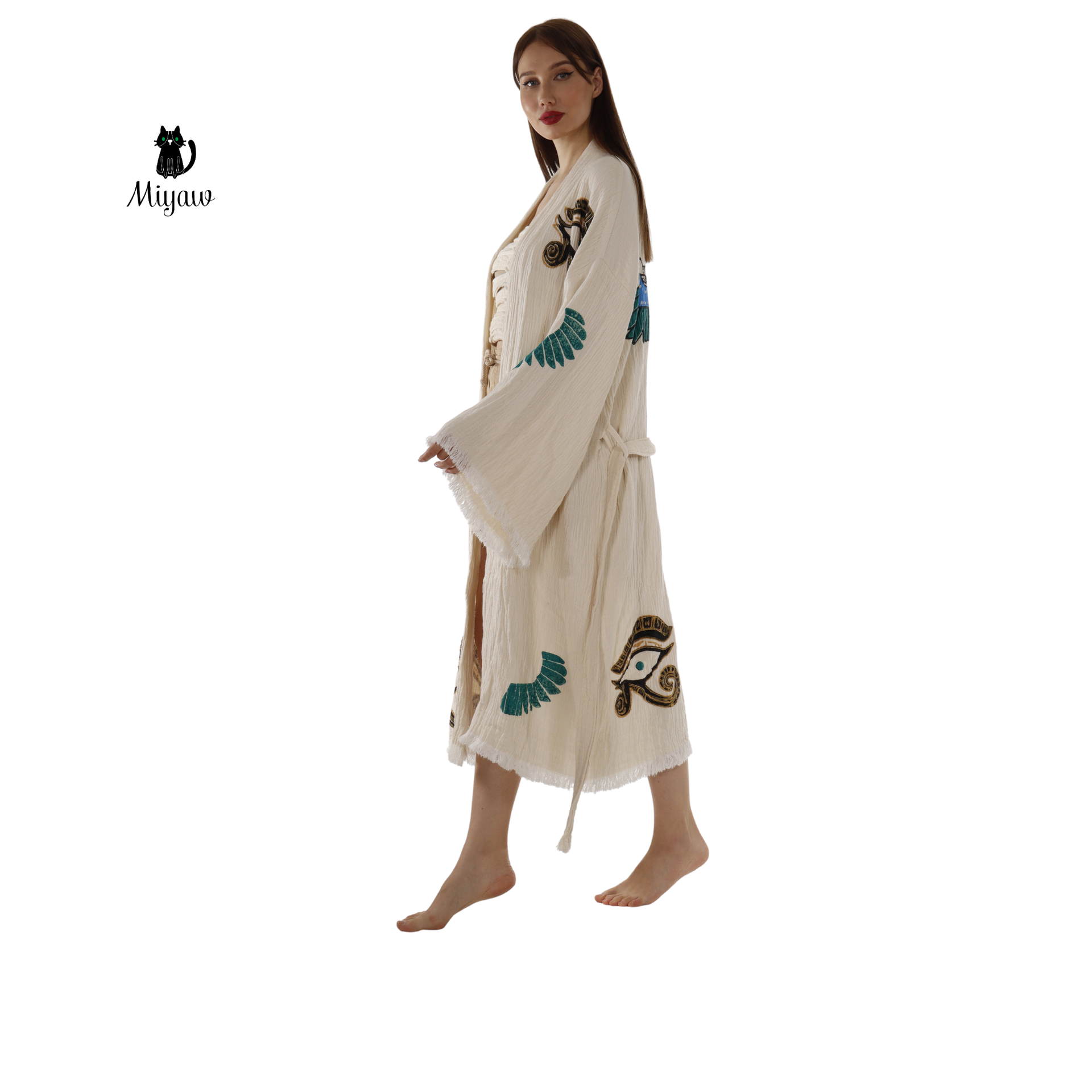 Boho Eye & Wing of Horus Kimono Robe – Organic Cotton