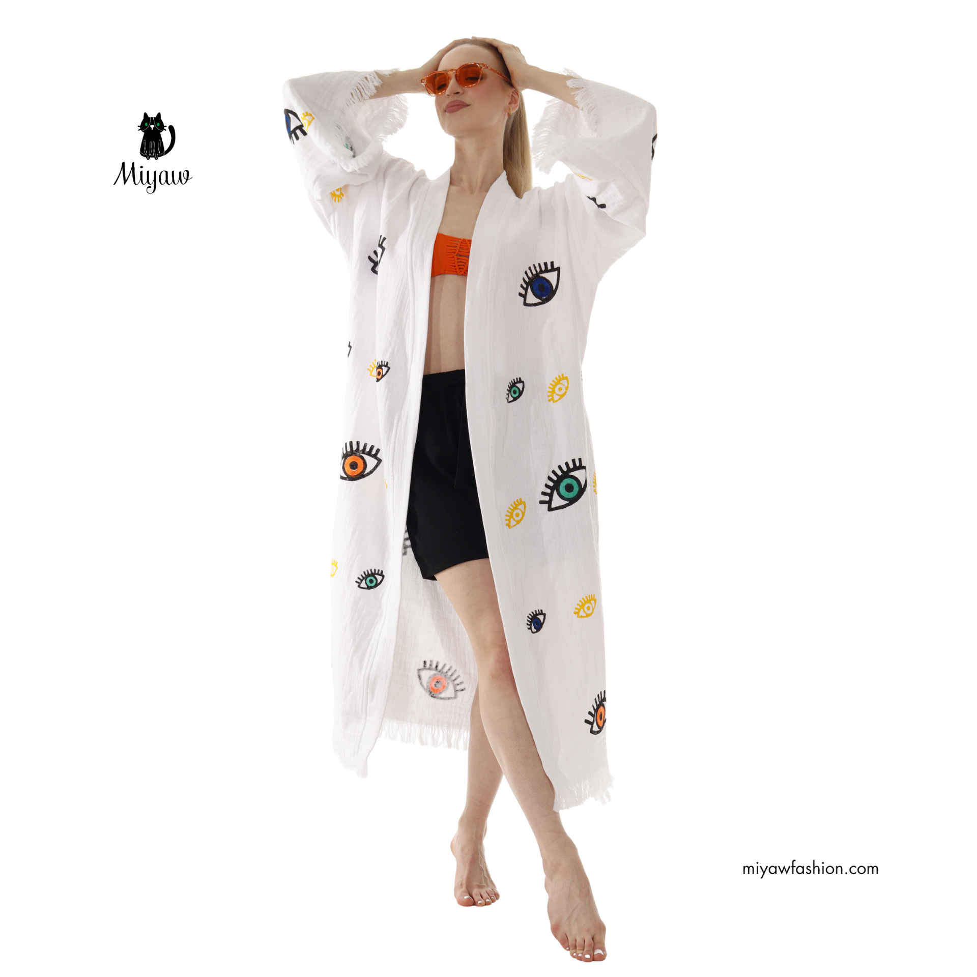 White Boho Evil Eye Kimono – Lightweight Cotton Summer Robe
