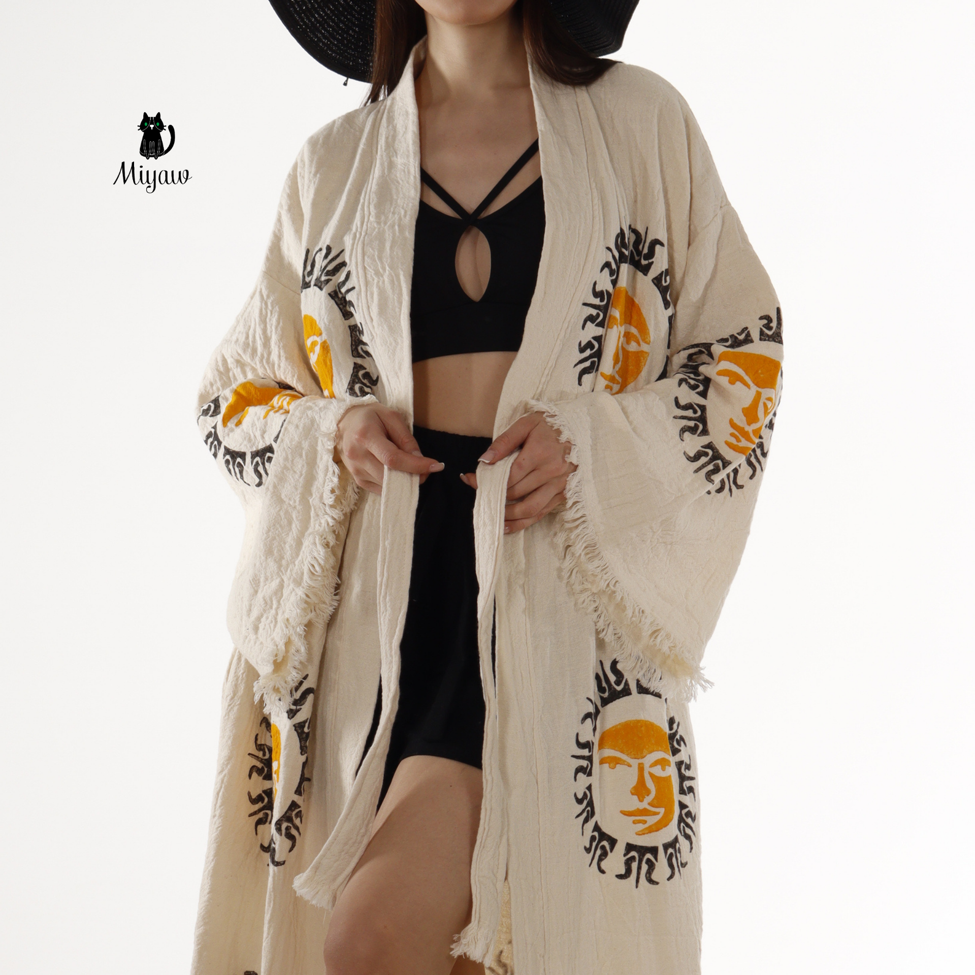 Boho Aztec Sun Kimono Robe – Organic Cotton Natural
