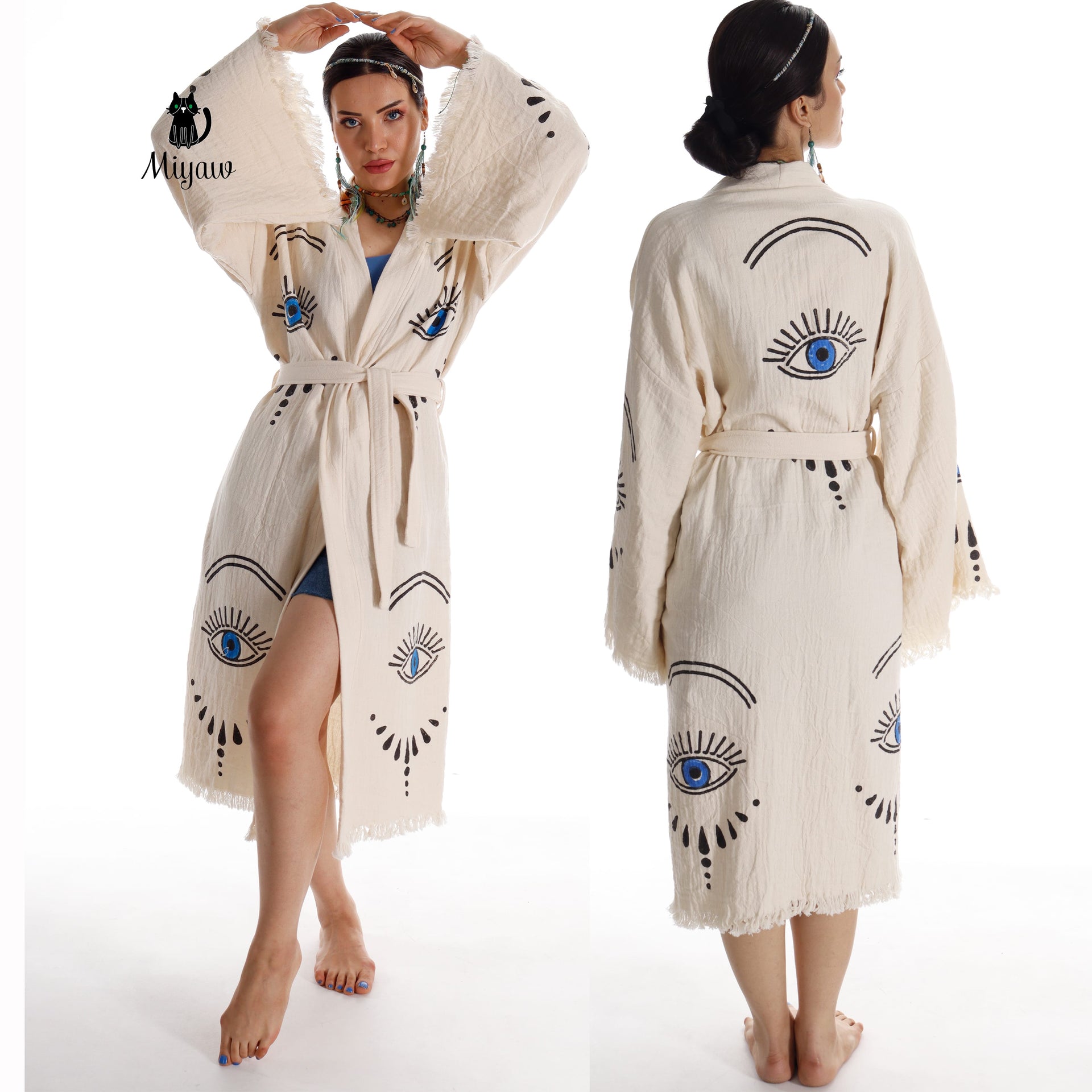 Long Sleeve Boho Beach Kimono Robe made of Organic Cotton - Miyawfashion
