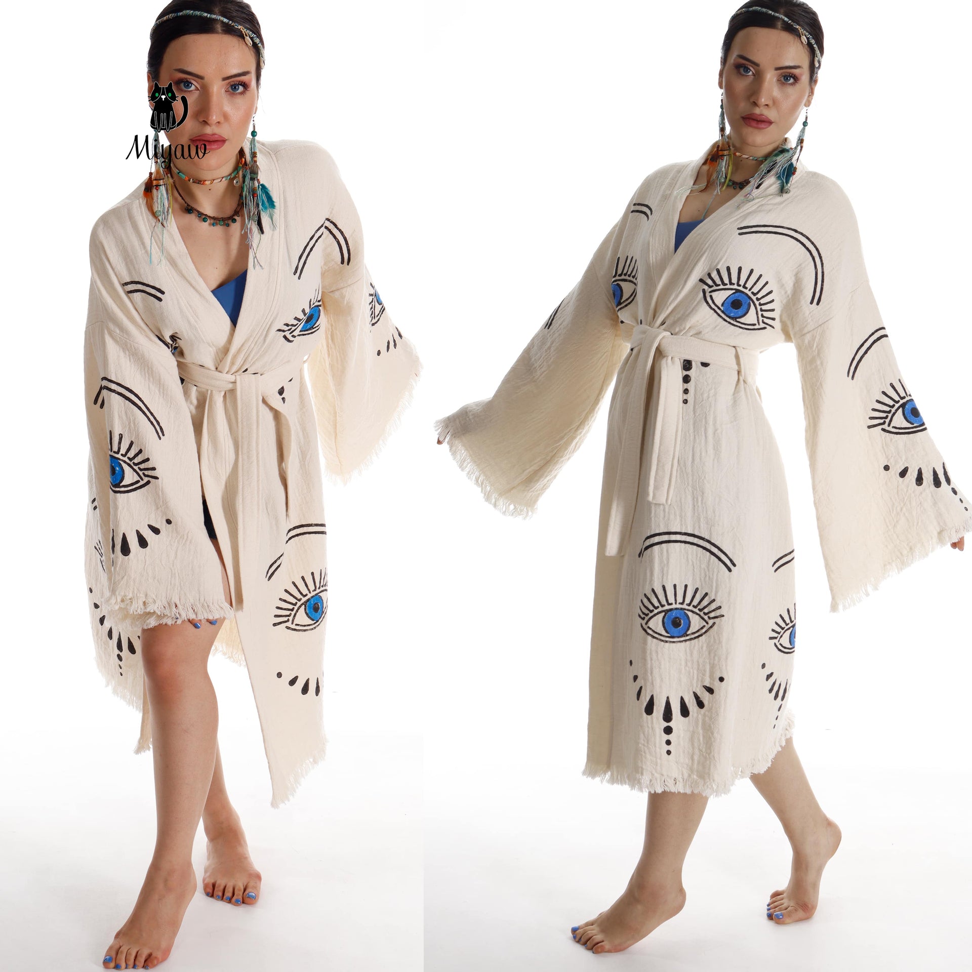 Long Sleeve Boho Beach Kimono Robe made of Organic Cotton - Miyawfashion
