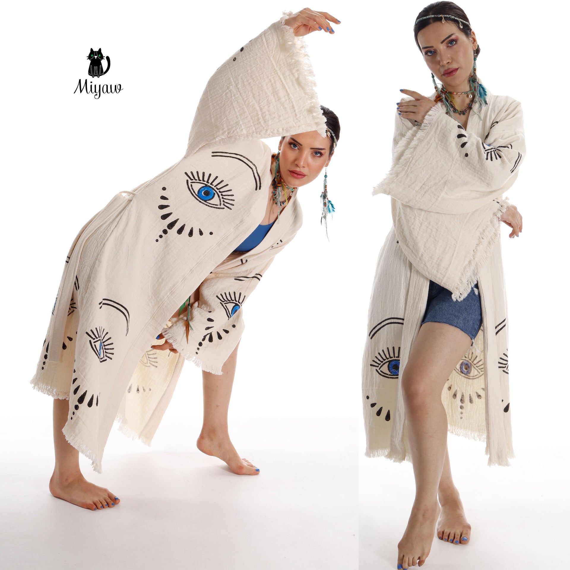 Long Sleeve Boho Beach Kimono Robe made of Organic Cotton - Miyawfashion