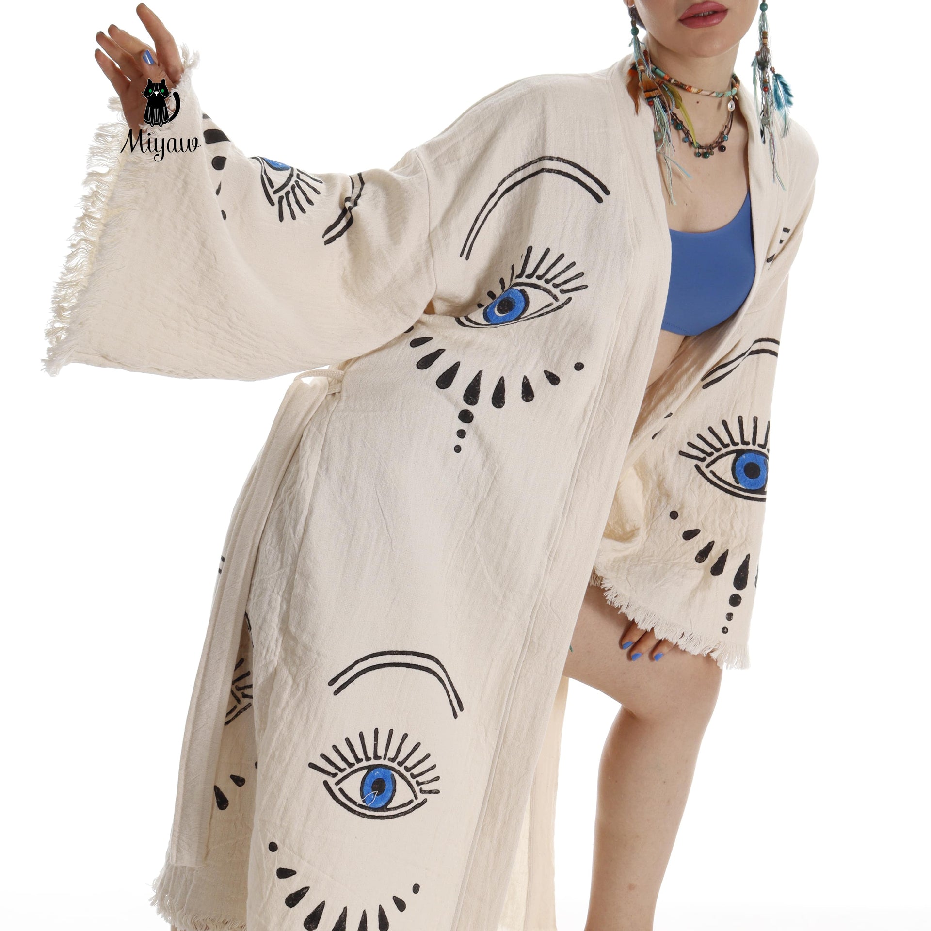 Long Sleeve Boho Beach Kimono Robe made of Organic Cotton - Miyawfashion