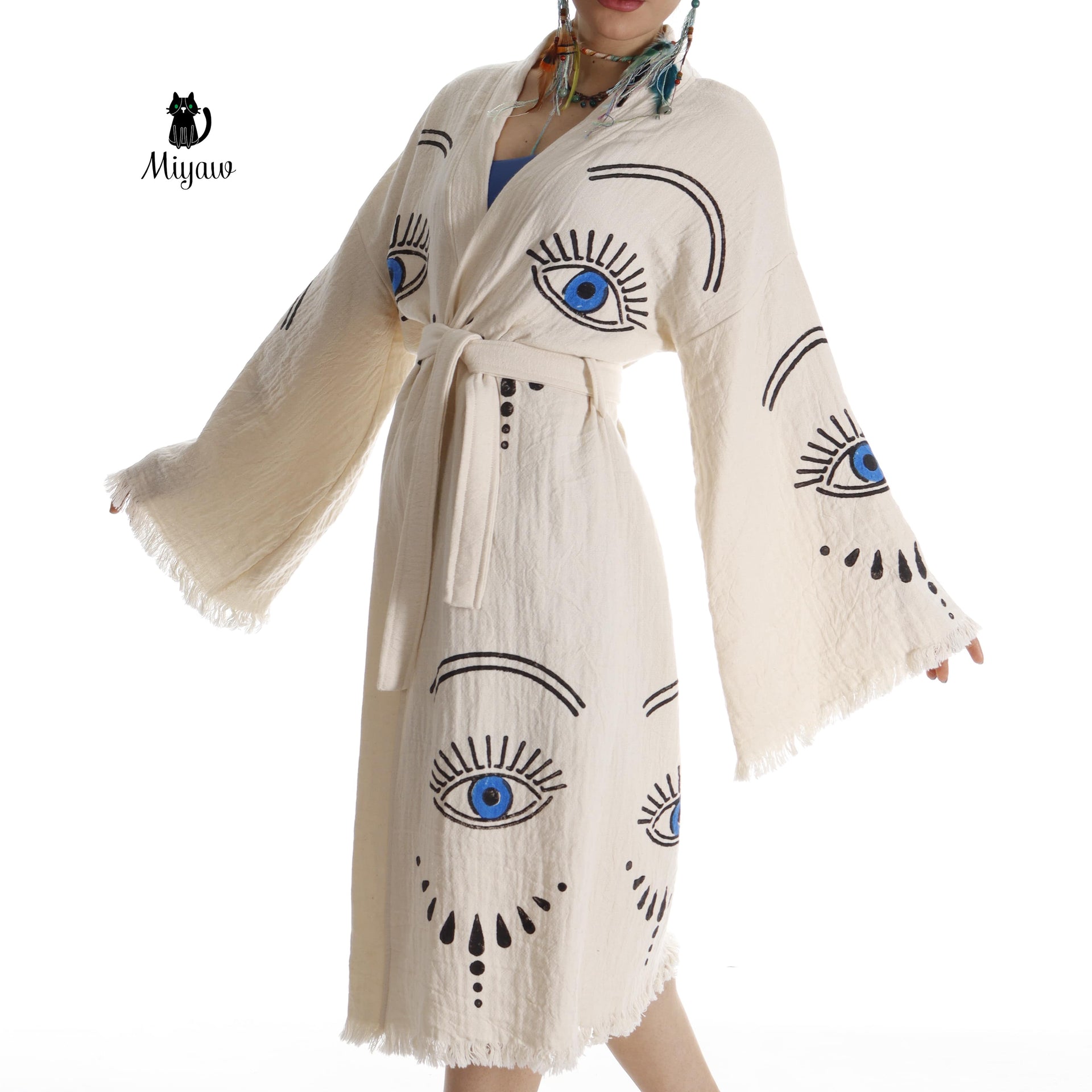 Long Sleeve Boho Beach Kimono Robe made of Organic Cotton - Miyawfashion