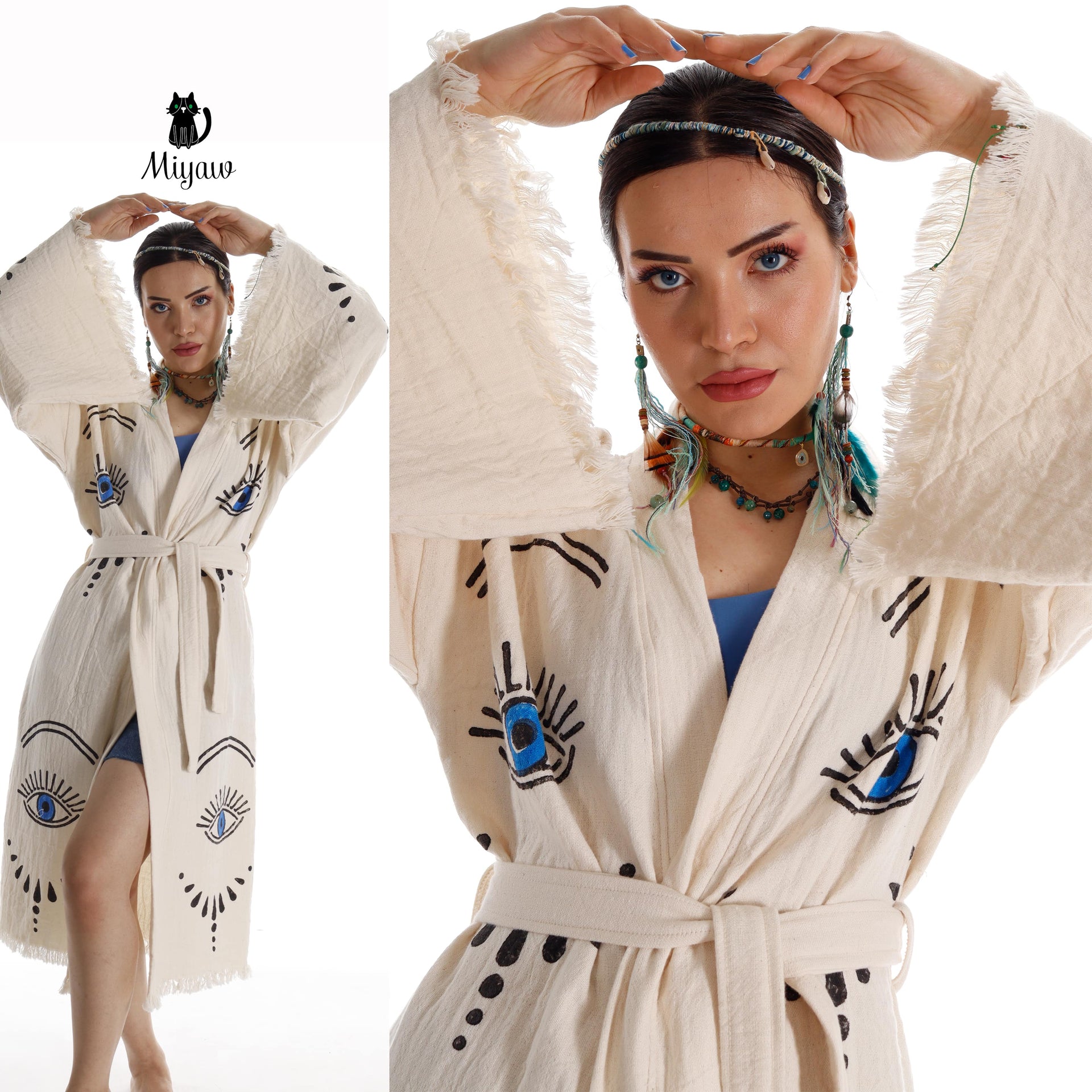 Long Sleeve Boho Beach Kimono Robe made of Organic Cotton - Miyawfashion