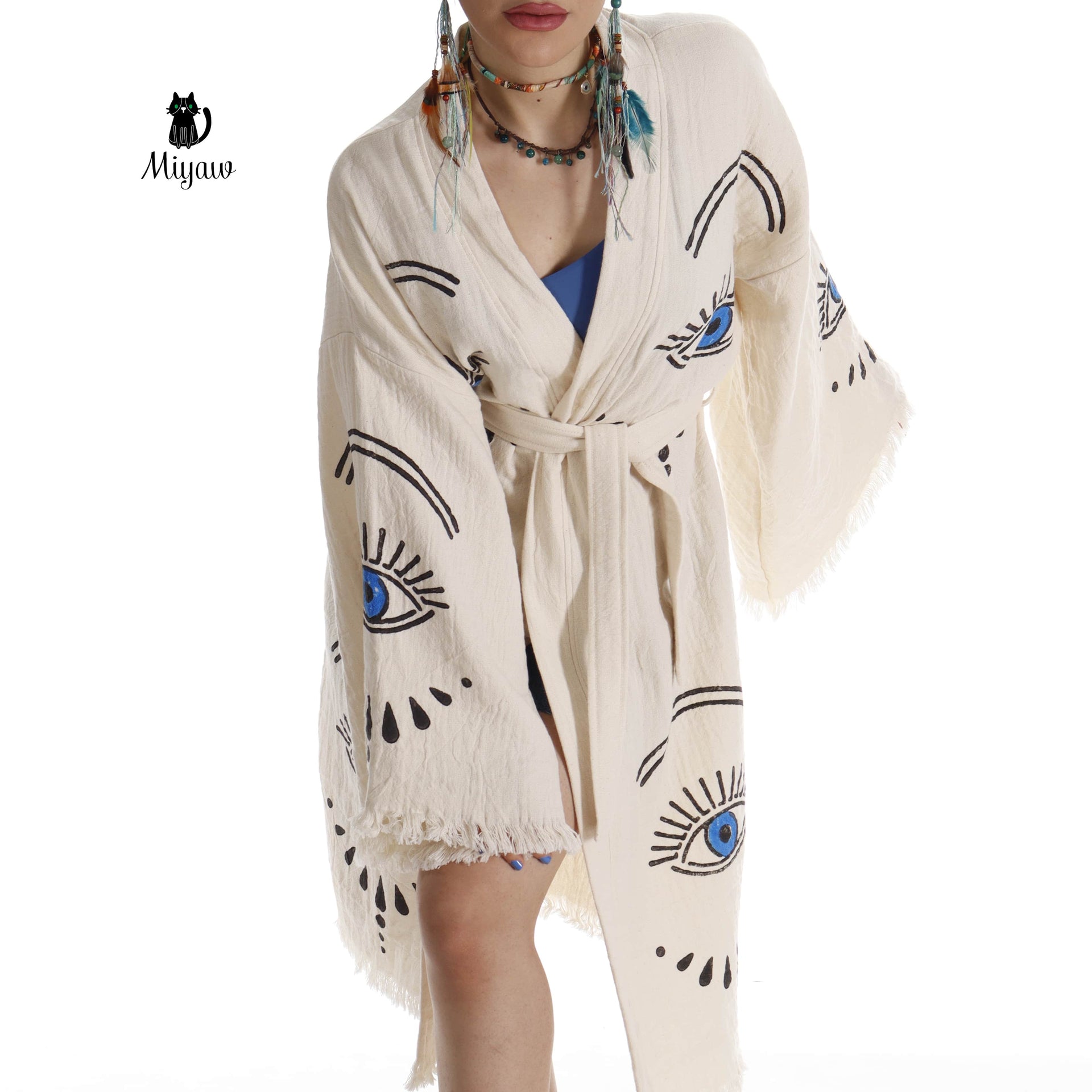 Long Sleeve Boho Beach Kimono Robe made of Organic Cotton - Miyawfashion