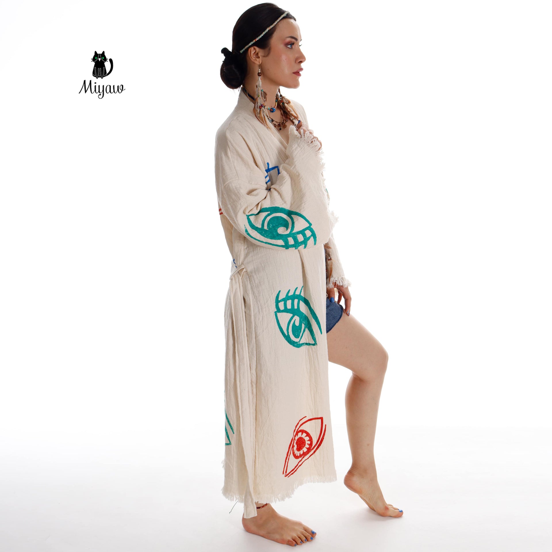 Colorful Eyes-Stamped Boho Beach Kimono | Handmade with Organic Cotton - Miyawfashion