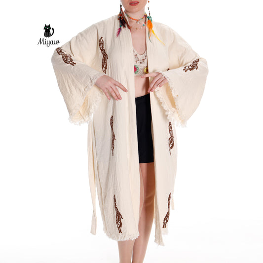 Handcrafted Cotton Kimono Robe with Arab Girl Carrying Water Design - Miyawfashion