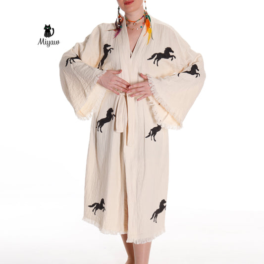 Organic Cotton Boho Beach Kimono Robe | Black Horse Stamp Design - Miyawfashion