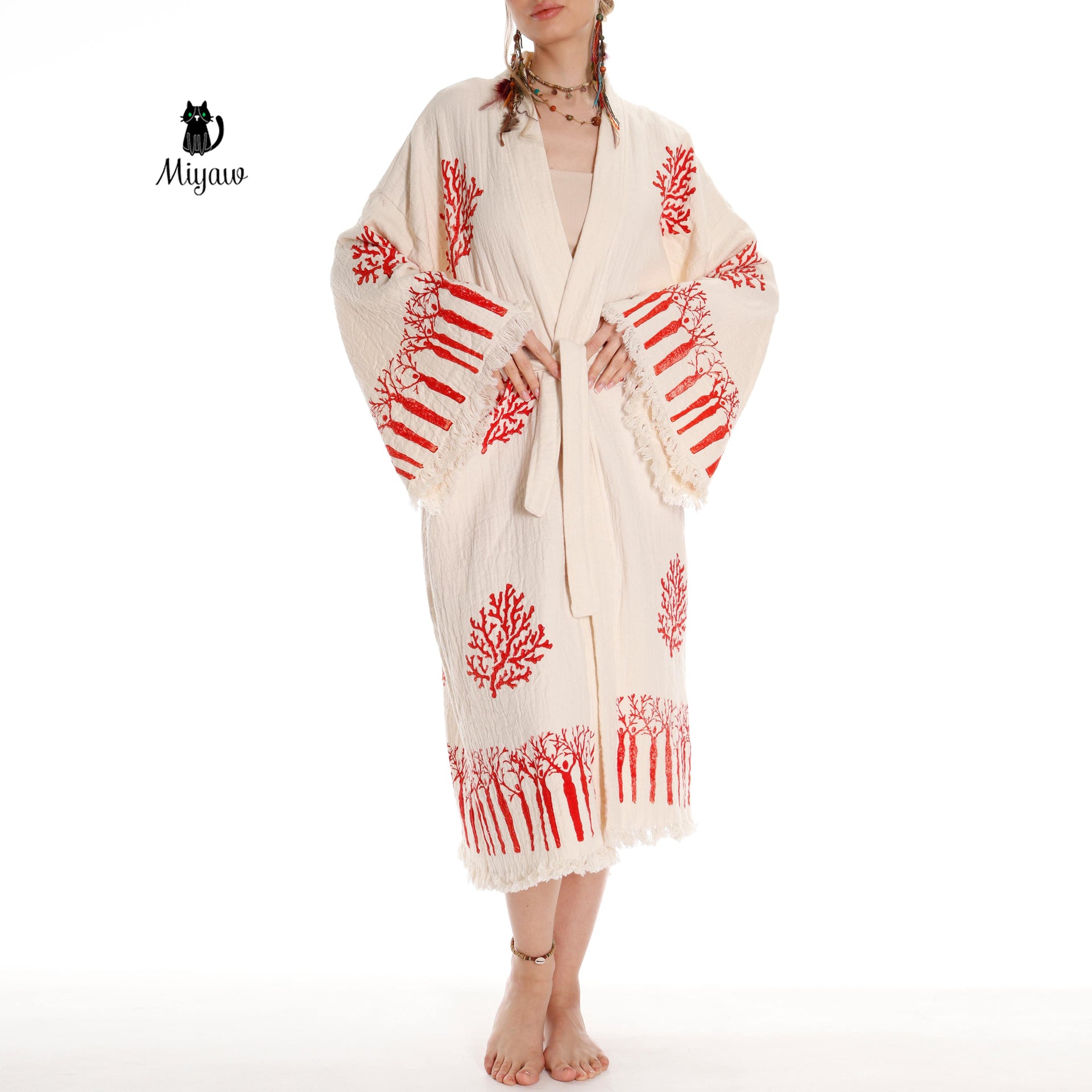 Boho Handmade Tree & Coral Stamped Bathrobe - Unique Handcrafted - Miyawfashion