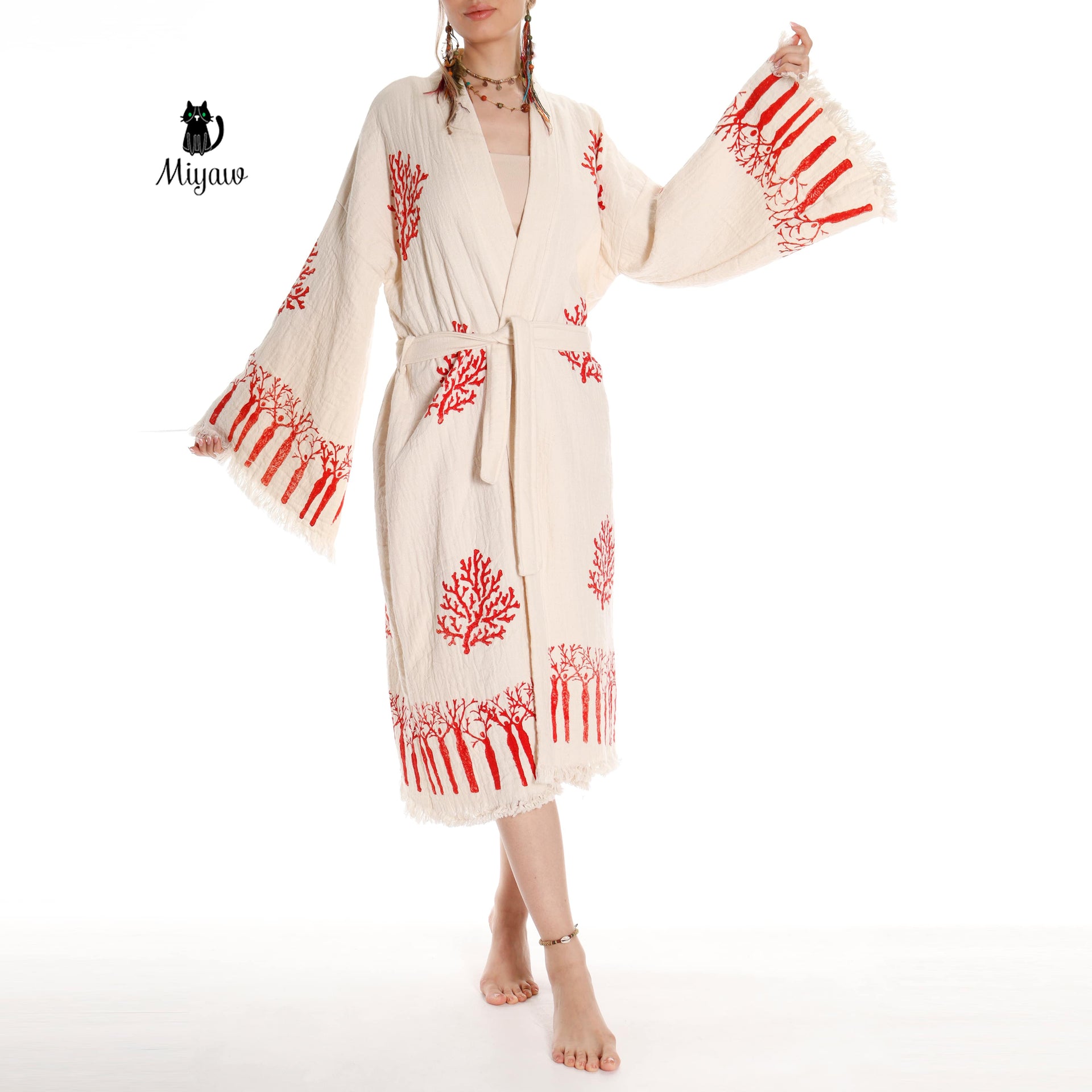 Boho Handmade Tree & Coral Stamped Bathrobe - Unique Handcrafted - Miyawfashion