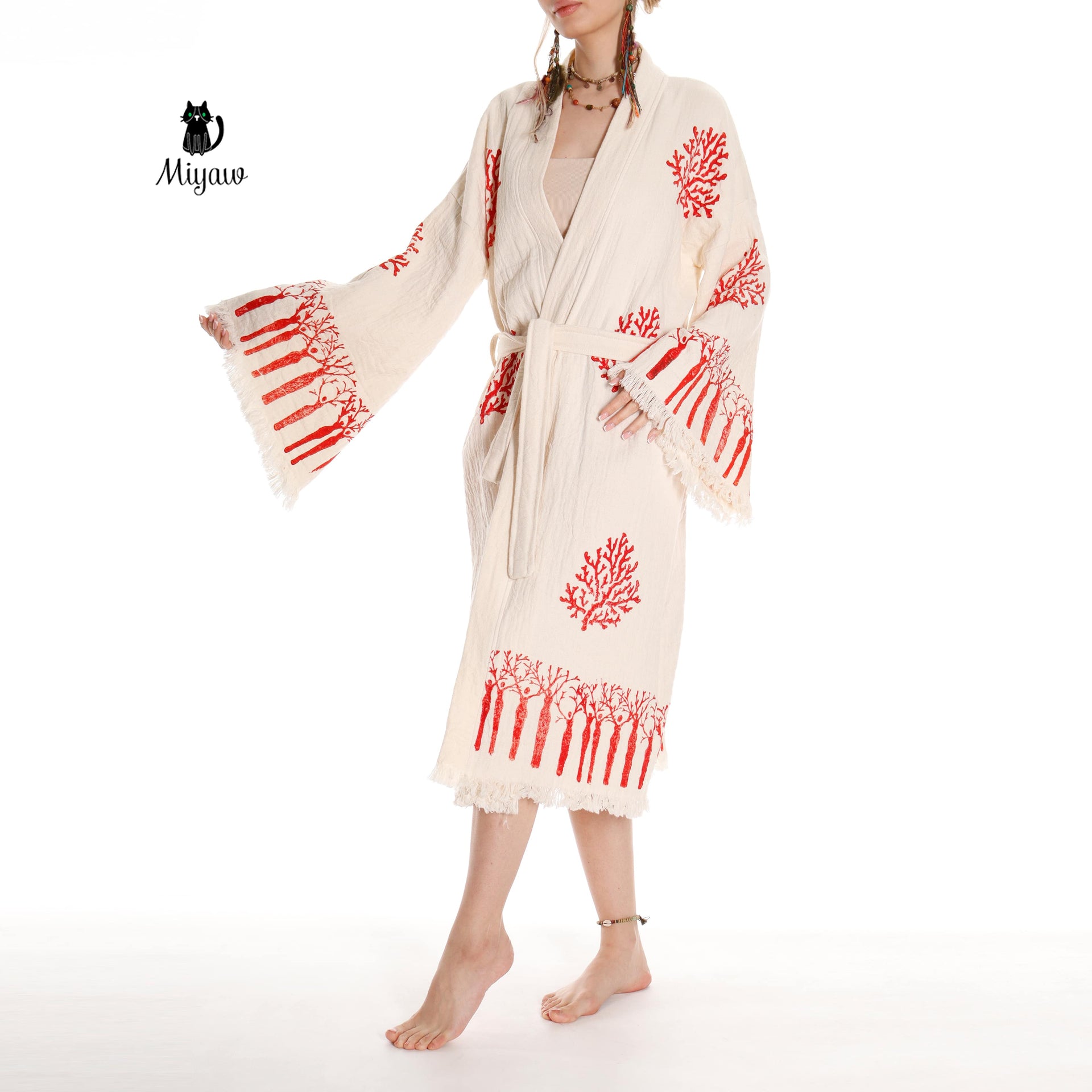Boho Handmade Tree & Coral Stamped Bathrobe - Unique Handcrafted - Miyawfashion