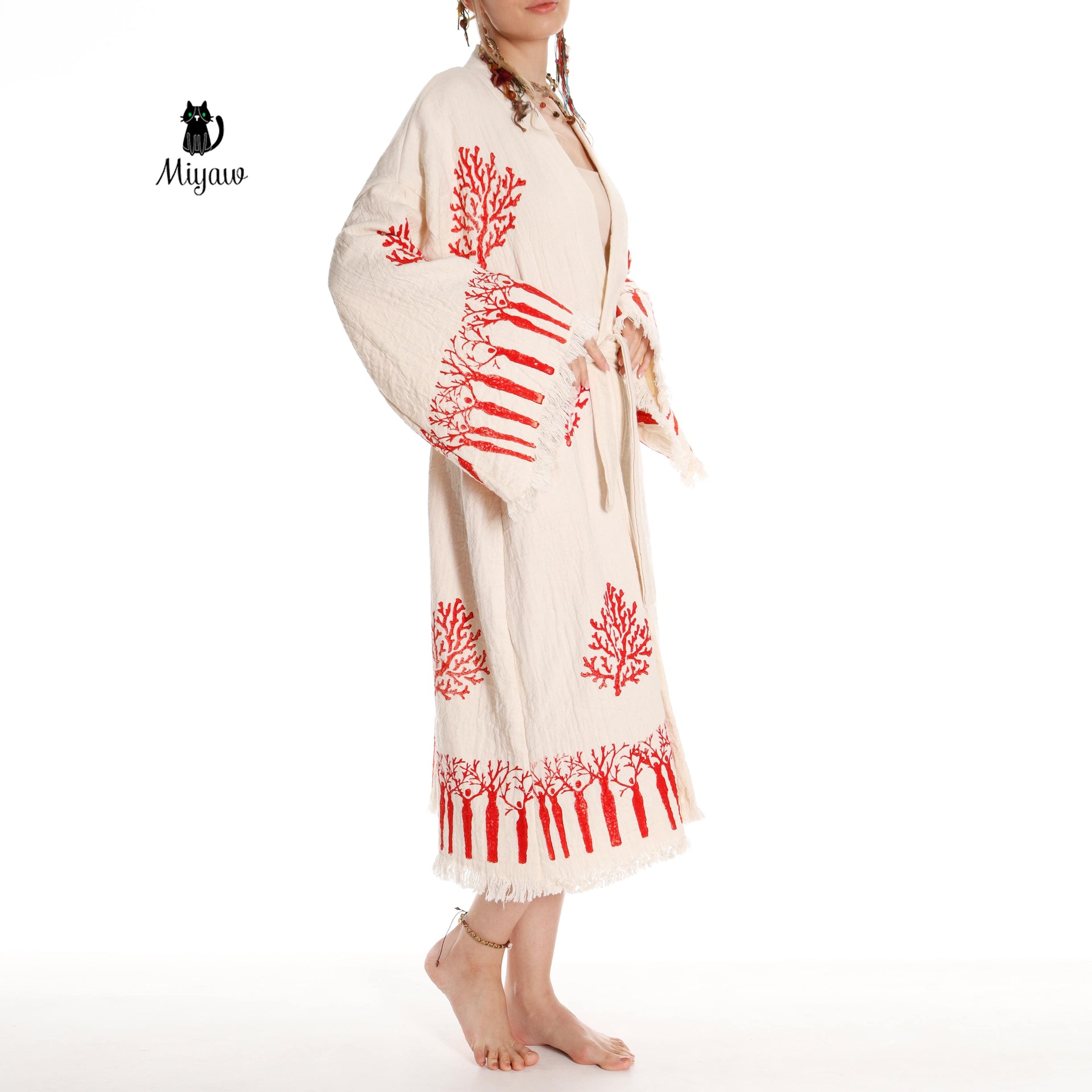 Boho Handmade Tree & Coral Stamped Bathrobe - Unique Handcrafted - Miyawfashion