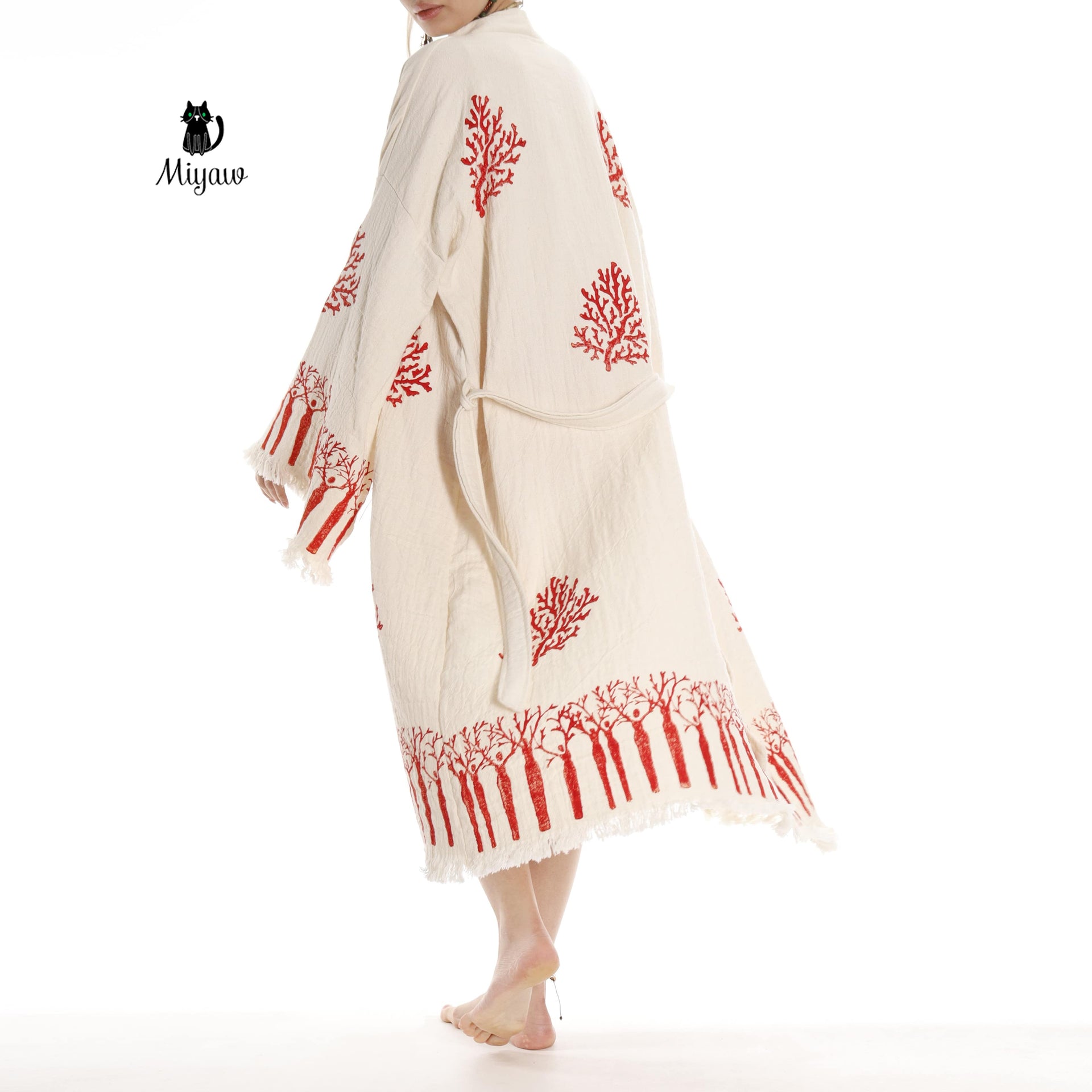 Boho Handmade Tree & Coral Stamped Bathrobe - Unique Handcrafted - Miyawfashion