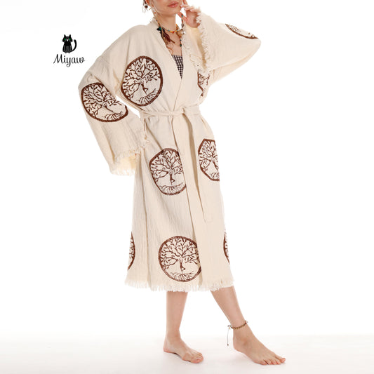 Brown Tree of Life Stamp Bathrobe - Boho Handcrafted Beach Kimono - Miyawfashion