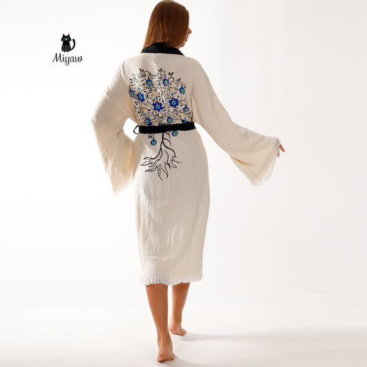 White Cotton Kimono Bathrobe with Boho Tree Print - Miyawfashion
