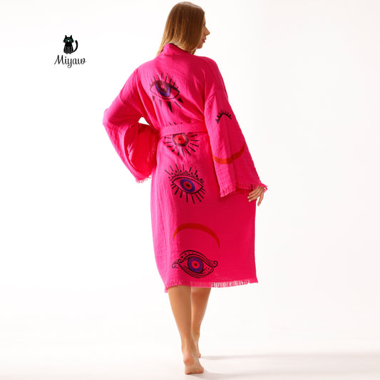 Handmade Fuchsia Long Sleeve Women's Robe for Home & Beach Comfort