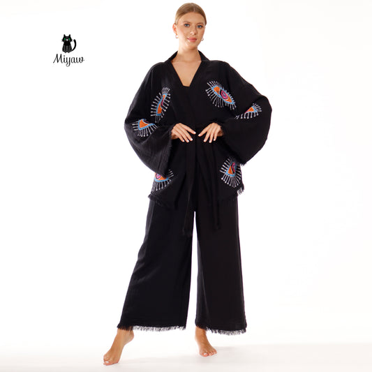 Relax in Style: Sustainable Black Cotton Lounge Pant Set - Miyawfashion