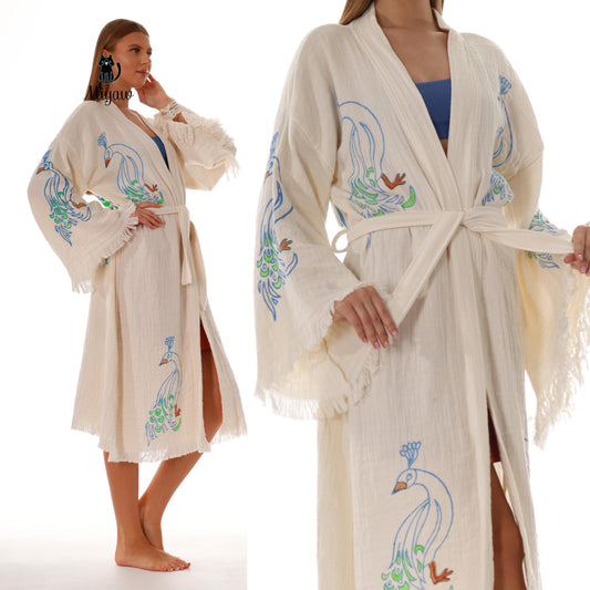 Wholesale Peacock Stamp Kimono Robe – Boho Chic Bathrobe for Boutiques - Miyawfashion
