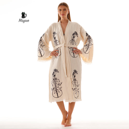 Wholesale Handmade Guitar Stamped Kimono Robe - Boho Bathrobe for Music Lovers - Miyawfashion