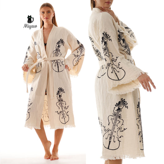 Wholesale Handmade Guitar Stamped Kimono Robe - Boho Bathrobe for Music Lovers - Miyawfashion