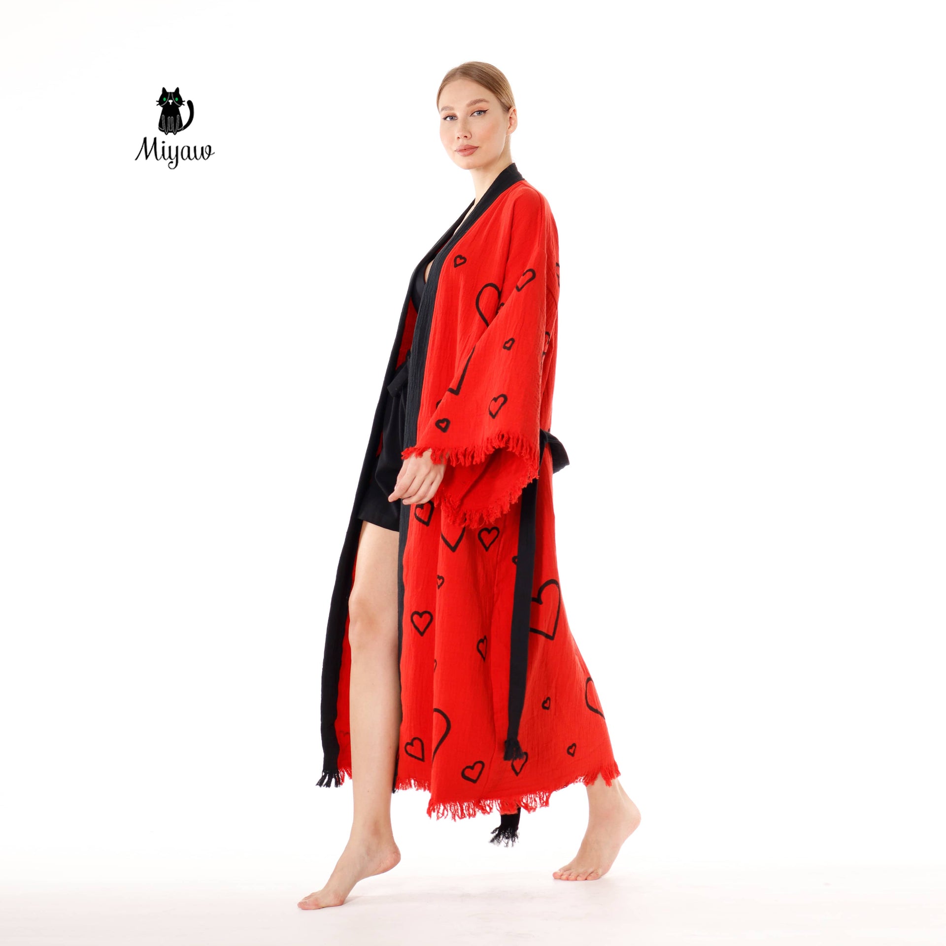 Handcrafted Red Valentine's Day Kimono Robe with Heart Design - Wholesale Ready - Miyawfashion