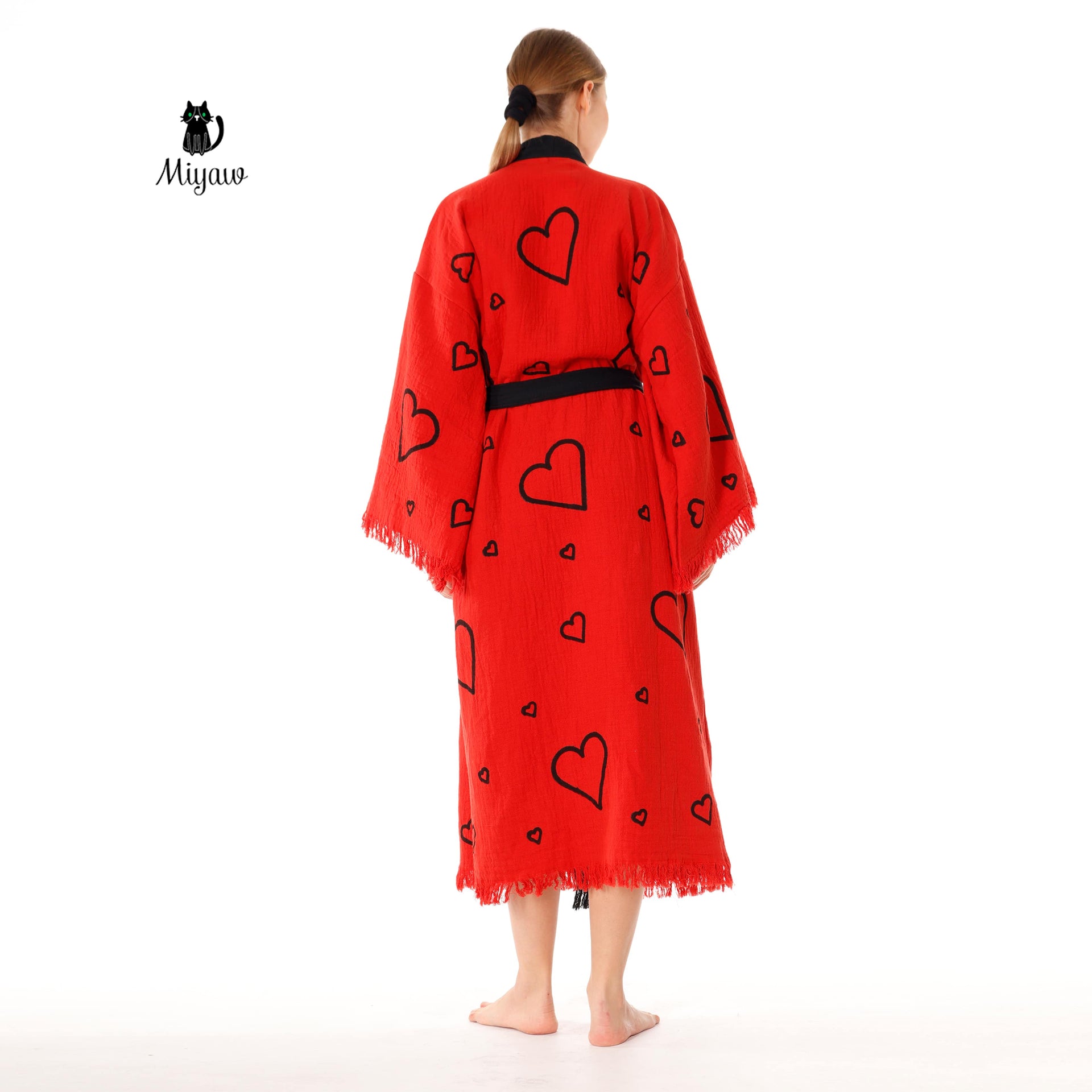Handcrafted Red Valentine's Day Kimono Robe with Heart Design - Wholesale Ready - Miyawfashion