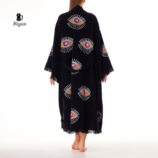Handmade Evil Eye Stamped Kimono Robe in Black