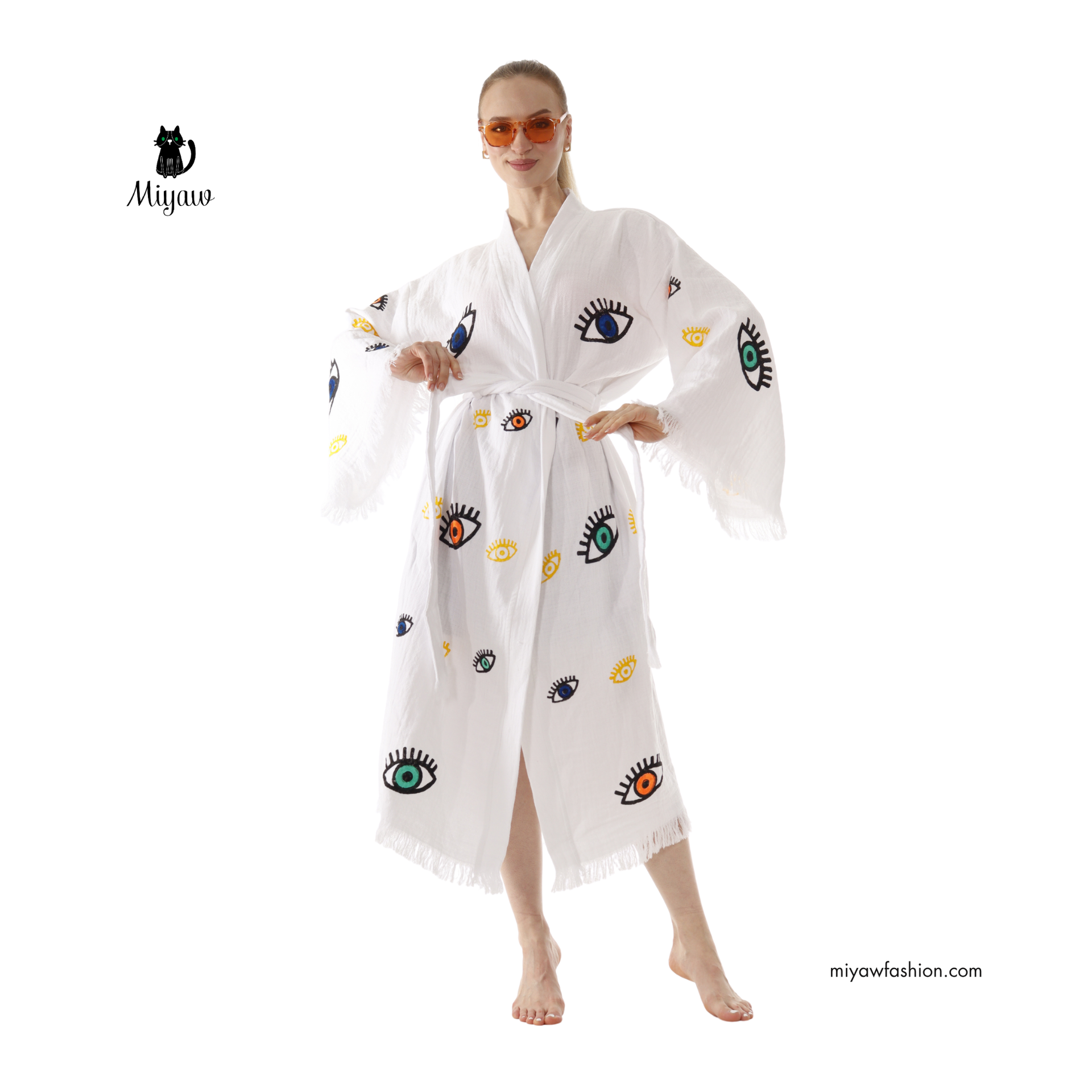 White Boho Evil Eye Kimono – Lightweight Cotton Summer Robe